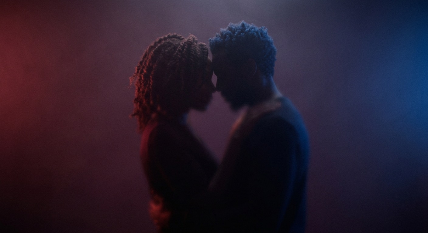 A couple standing close in soft red and blue light, foreheads touching