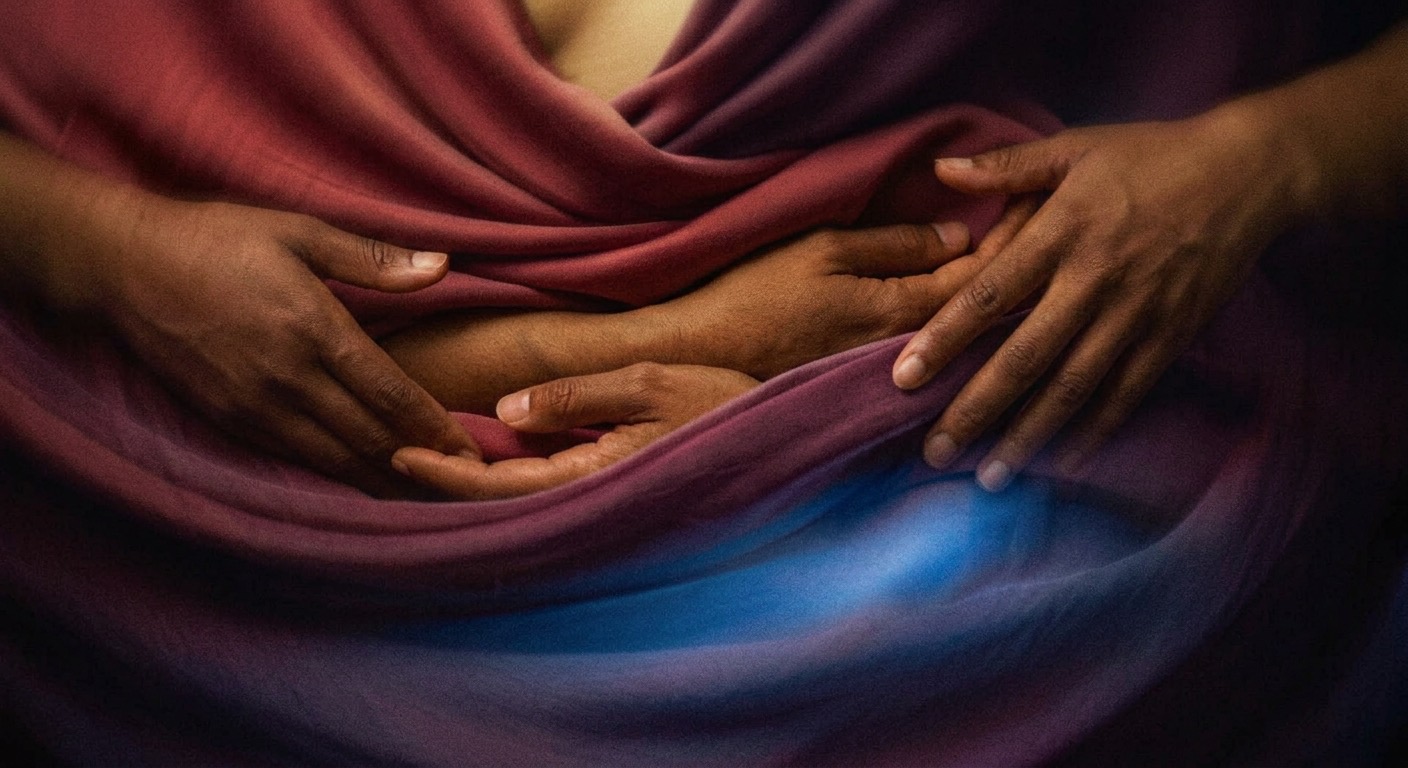 Two pairs of hands resting together in folds of wine-coloured silk