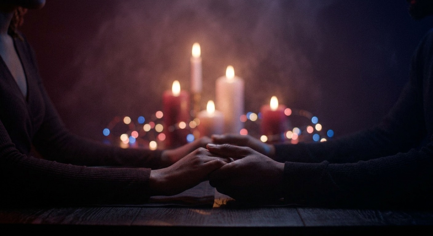 A couple holding hands across a table, candles glowing behind them