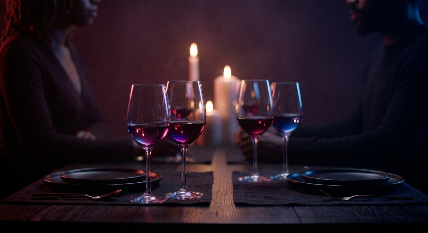 A candlelit dinner table set for two couples, wine glasses glowing in crimson and blue